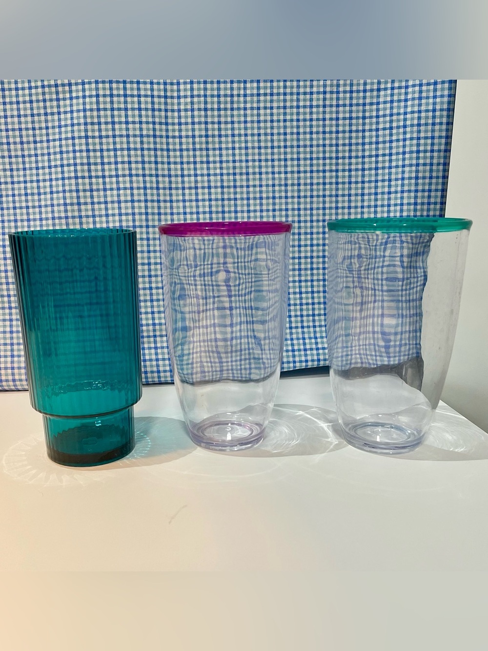 Set of 3 Plastic Cups- teal, pink, clear